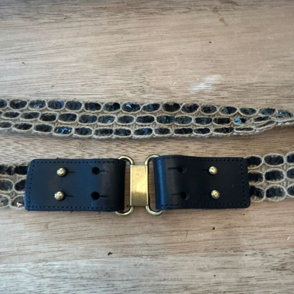 J Crew beige linen look and black sequins Cecil belts with leather size medium 3